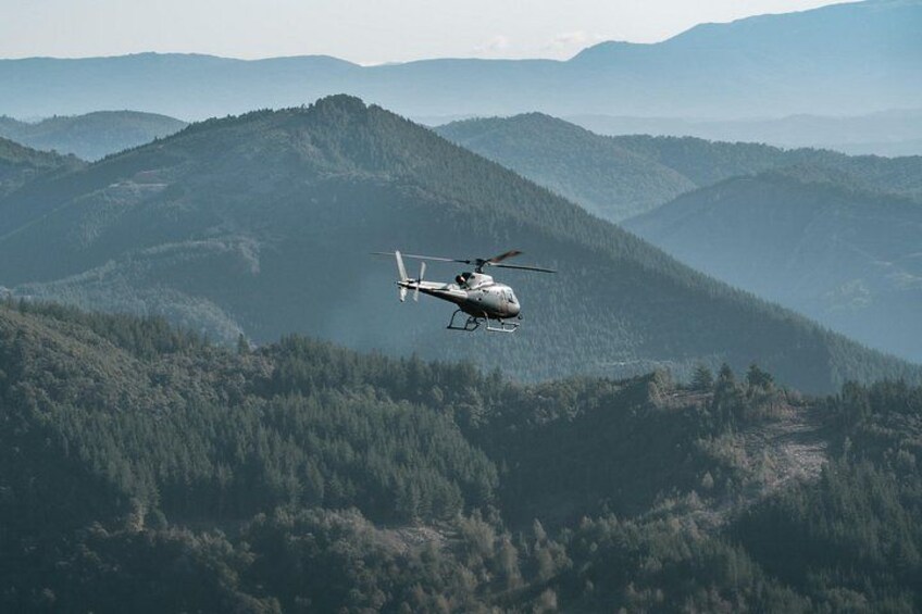 Een helikopter vliegt boven een bergachtig landschap. 5