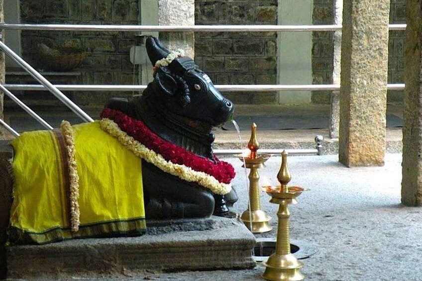 A black bull statue with a yellow cloth and red flowers, two brass lamps, and stone steps. 1
