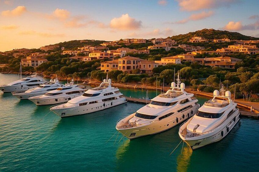 A marina with several yachts docked, a coastal town in the background, and a hilly landscape. 2