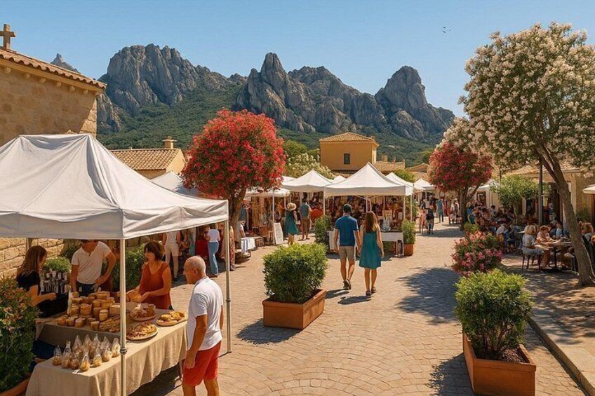 A market street with people walking, stalls with goods, and a mountainous backdrop. 2