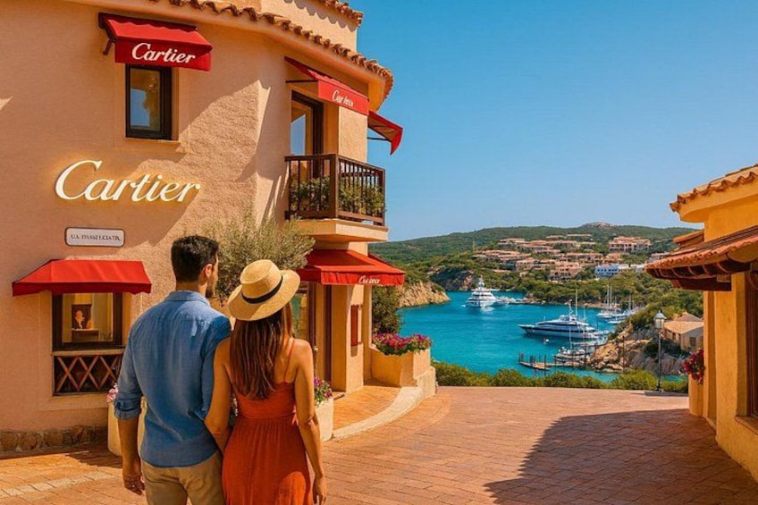 A couple walking on a cobblestone path, a waterfront with boats, and a building with 'Cartier' signage. 1