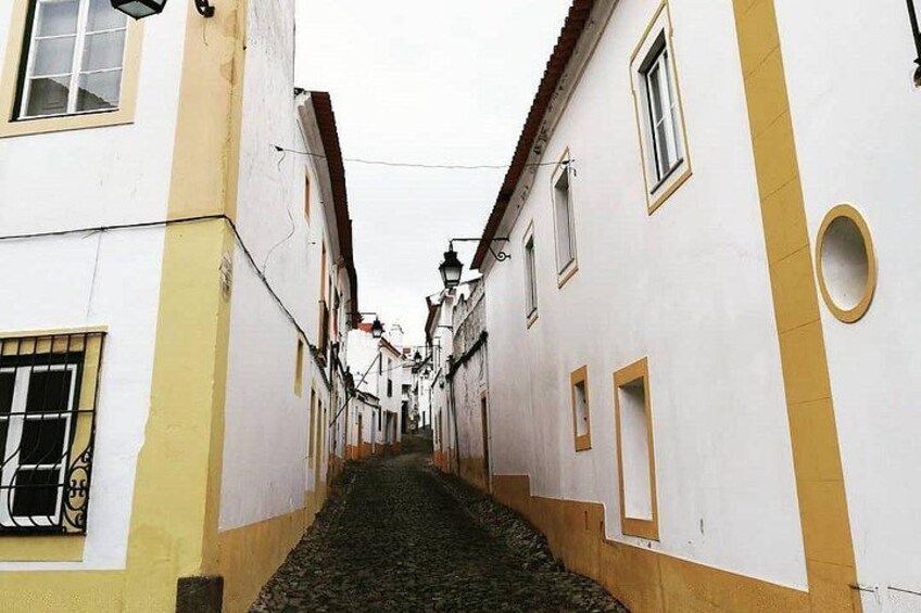 A narrow cobblestone street flanked by buildings with yellow and white facades, a small circular window, and a barred window. 3