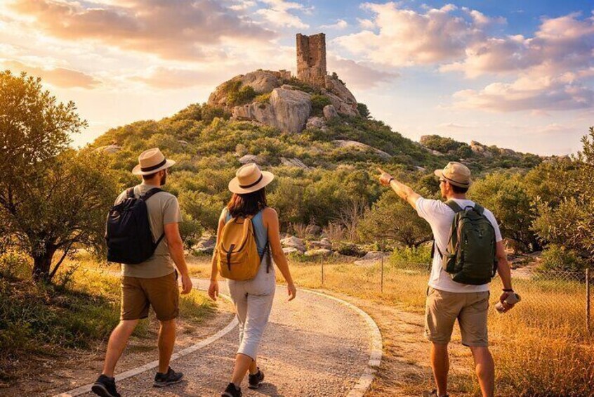 Trois personnes font de la randonnée sur un sentier, avec une tour historique en arrière-plan. 2