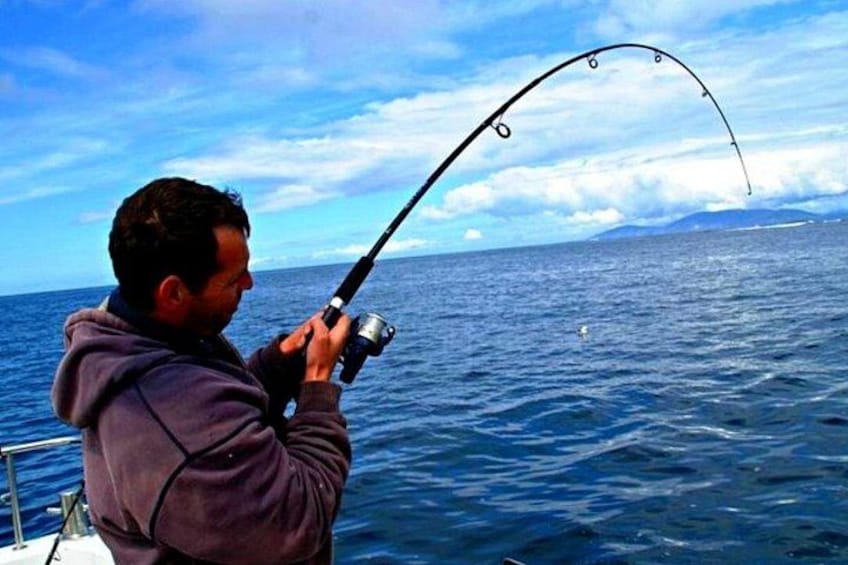 Una persona pesca da una barca nell'oceano con un lungo canna da pesca. 4
