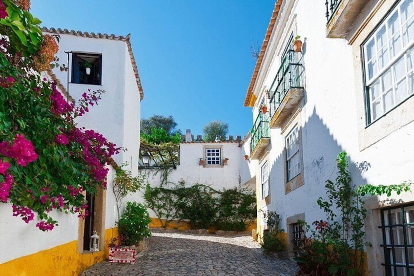 Una calle adoquinada en un pueblo europeo, con edificios blancos, plantas florecientes y un cielo azul despejado. 2