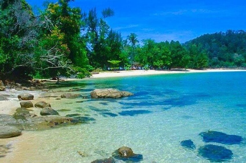 A clear turquoise sea, a sandy beach, and dense green foliage. 2