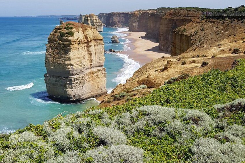 A coastal landscape with prominent rock formations, a sandy beach, and dense shrubbery. 2