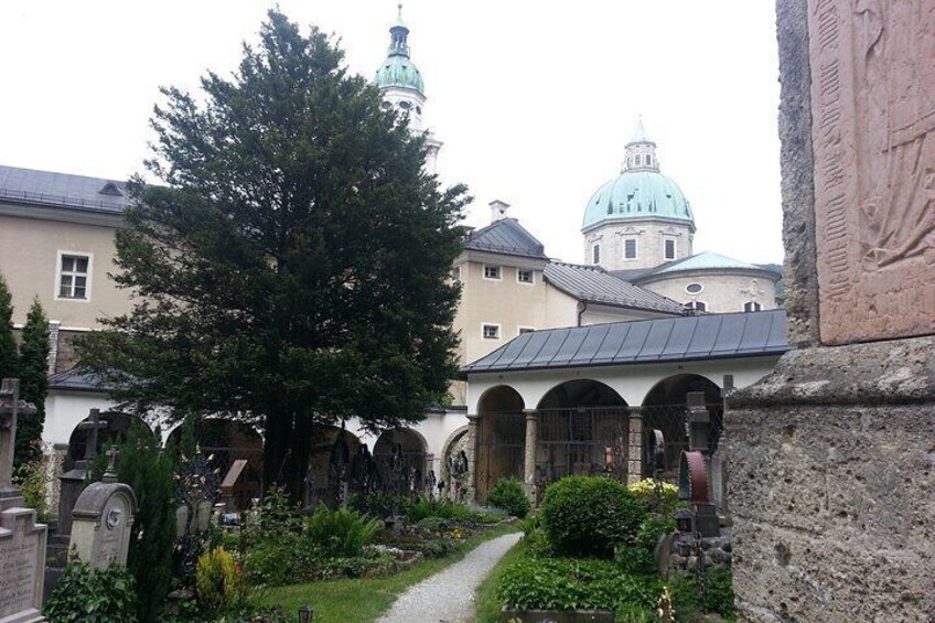 Ein Friedhof mit Grabsteinen, einem großen Baum und einem Gebäude mit einer Kuppel im Hintergrund. 5