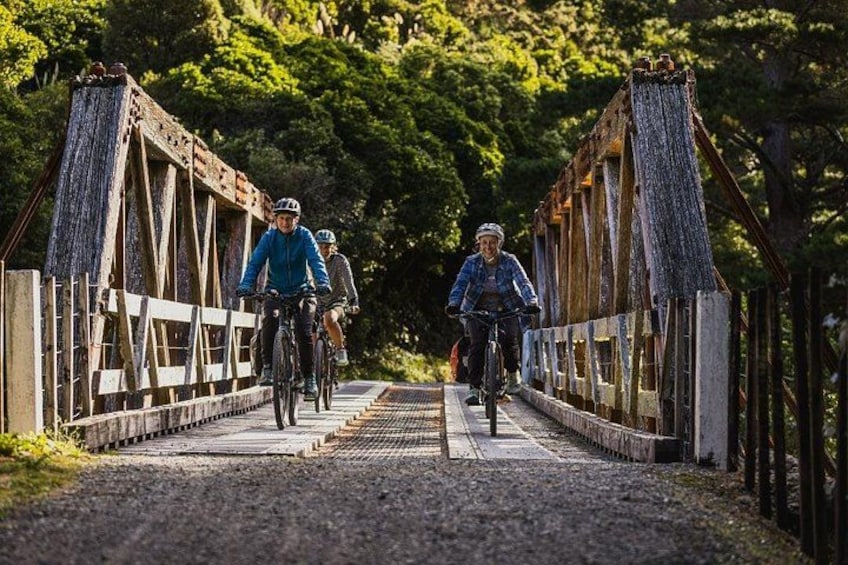 Een groep fietsers op een houten brug, omringd door bomen. 2