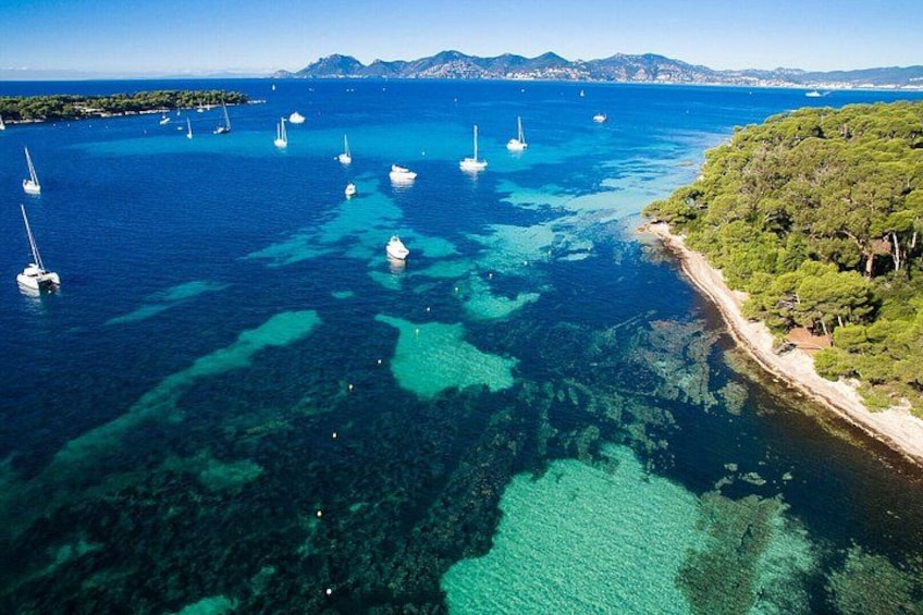 Una zona costera con aguas azul cristalino, barcos y una península arbolada. 1