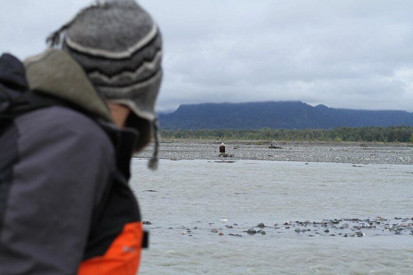 A person in a jacket and hat looking at a body of water with a distant mountain range. 4
