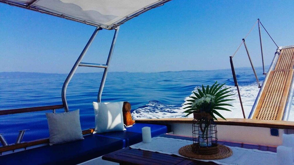 A boat deck with a view of the ocean, a cushion, a plant, and a wooden railing. 5