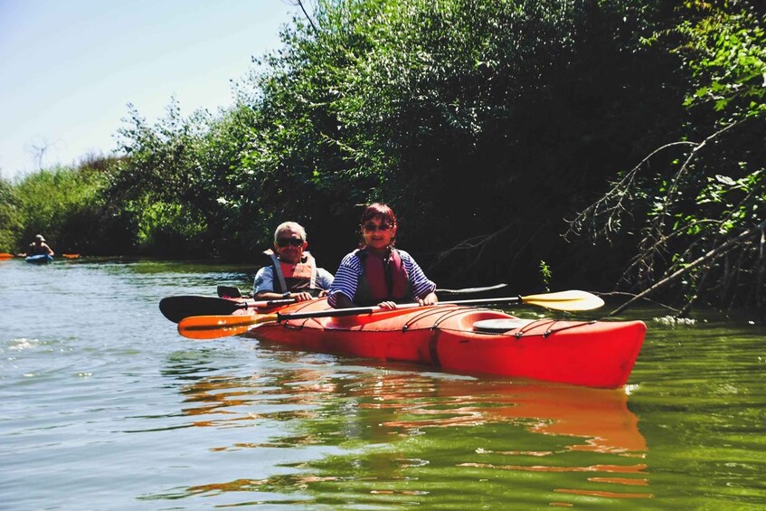 Dos personas en un kayak rojo sobre un río tranquilo rodeado de vegetación. 5