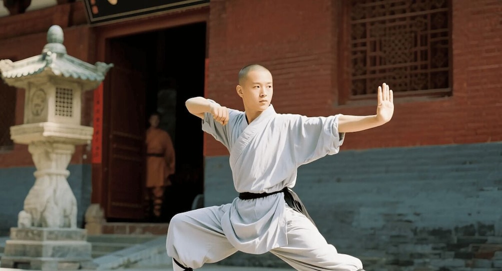 A person practicing martial arts in front of a traditional building with a statue. 5