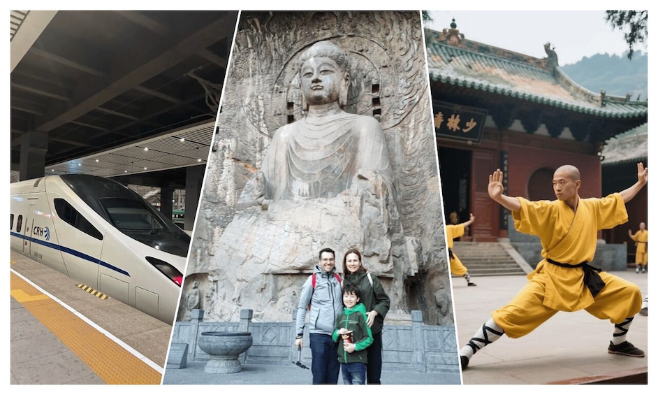 A modern train, a large Buddha statue, and a person in yellow martial arts attire. 1