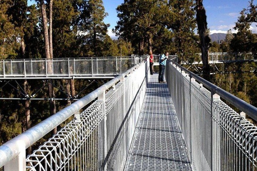 Un puente colgante con barandillas de metal y un paso peatonal, rodeado de árboles y montañas al fondo. 3