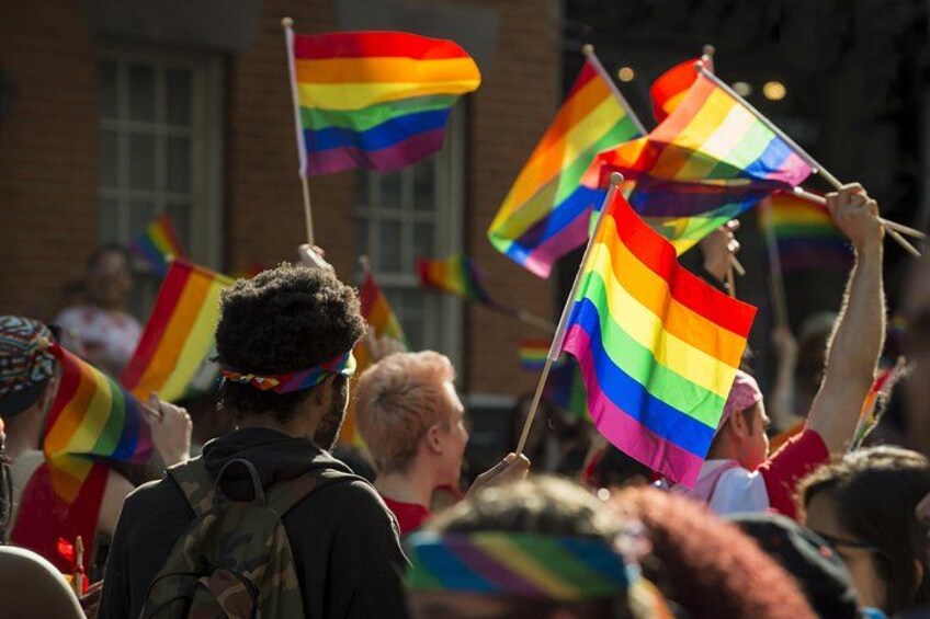 Een menigte met vlaggen in de kleuren van de regenboog. 1