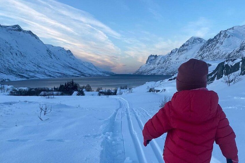 A person in a red jacket walking on a snow-covered path with mountains and a lake in the background. 3