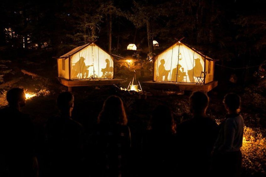 Twee verlichte glazen huizen met mensen erin, omringd door een bos in de nacht. 4