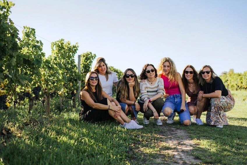 A group of people sitting on grass in a vineyard. 2