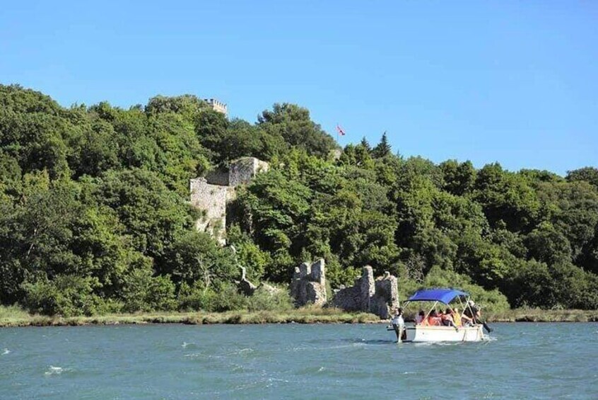 A boat on a river, a castle on a hill, and a flag on top of the hill. 5