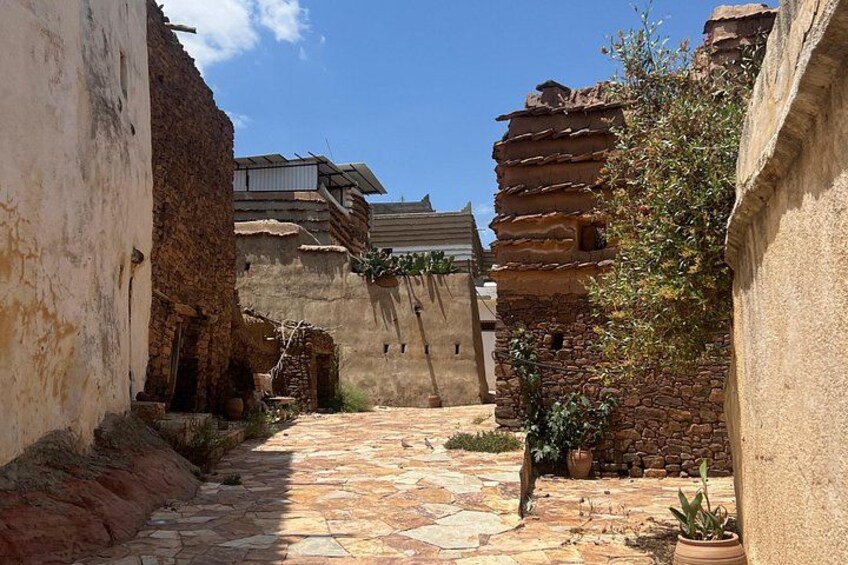 A narrow alley with stone walls, potted plants, and a tiled pavement. 3