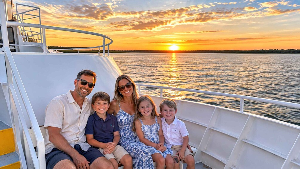 A family on a boat during sunset with the sun reflecting on the water. 5