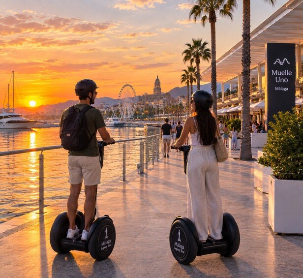Two people on Segway scooters, a Ferris wheel, a sunset, and a waterfront with palm trees. 1