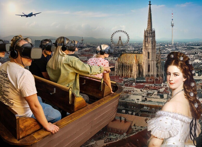 A group of people in a boat-like structure with a cityscape in the background, including a Ferris wheel and a tall tower. 1