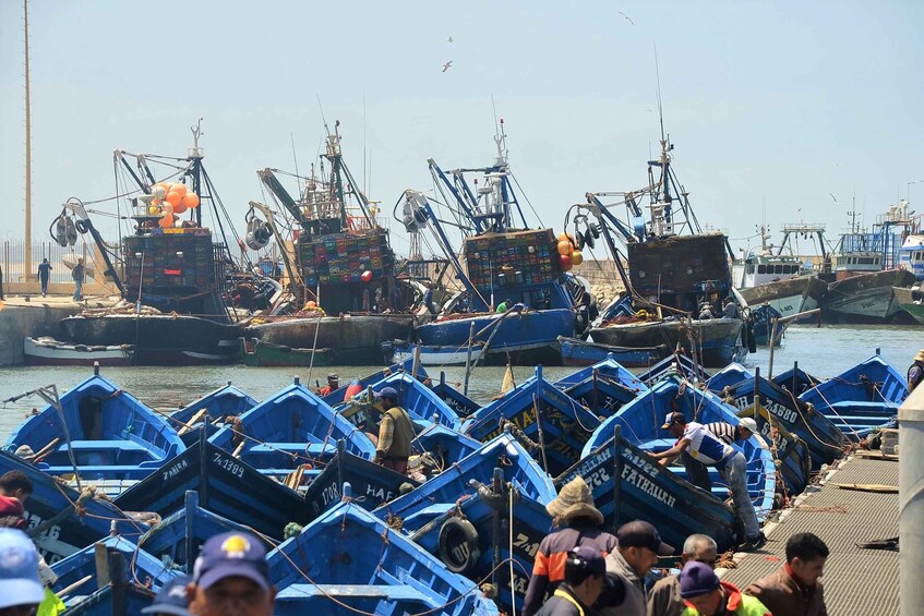 A busy harbor with numerous fishing boats docked and people engaged in various activities. 4