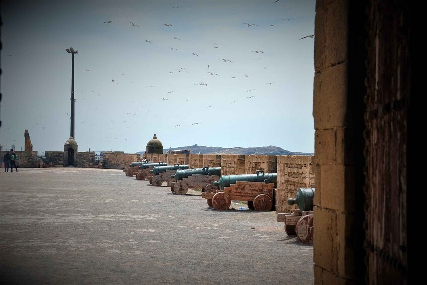 A historical site with cannons lined up, a tall monument, and a dome structure. 2