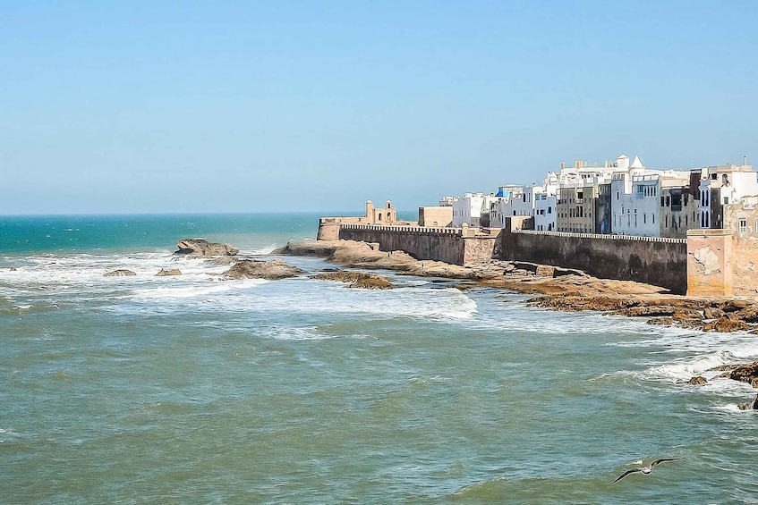 A coastal town with buildings along the shore and waves crashing onto the rocks. 2