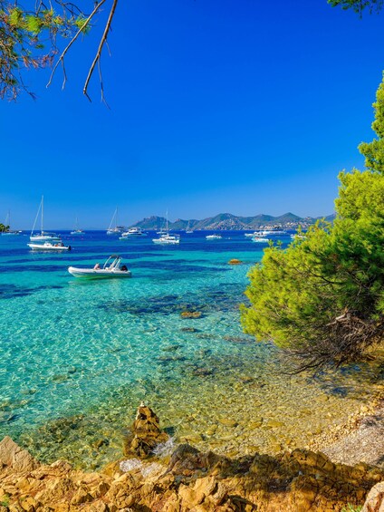 A clear blue sea with boats, rocky shore, and green trees. 2