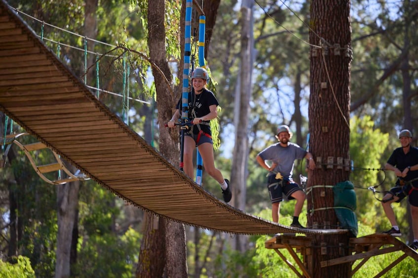 Eine Person befindet sich auf einem Zipline-Parcours im Wald. 1