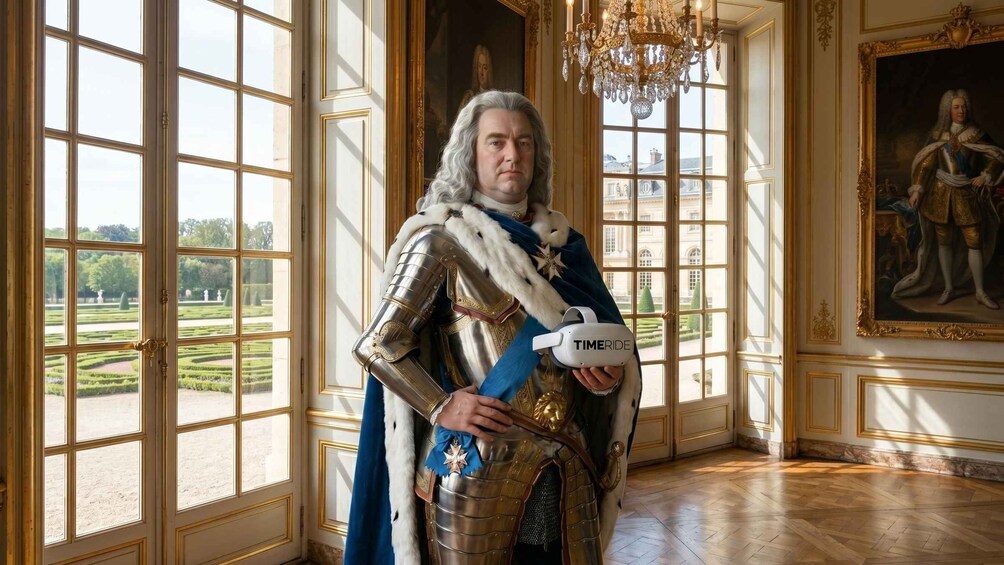 A person in historical armor holding a device labeled 'TIMERIDE' in a grand room with large windows and a chandelier. 1