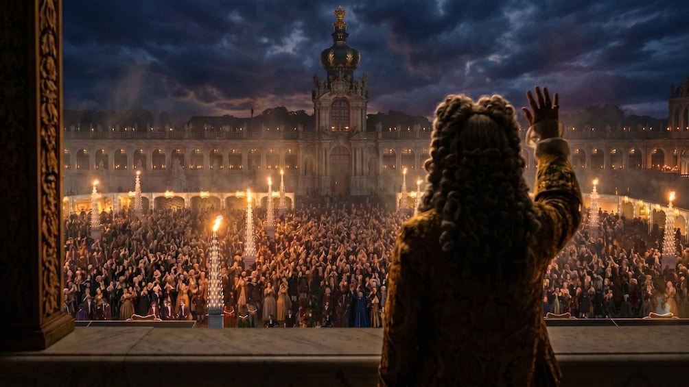 A crowd in front of a grand building with a large dome and a statue on top. 3