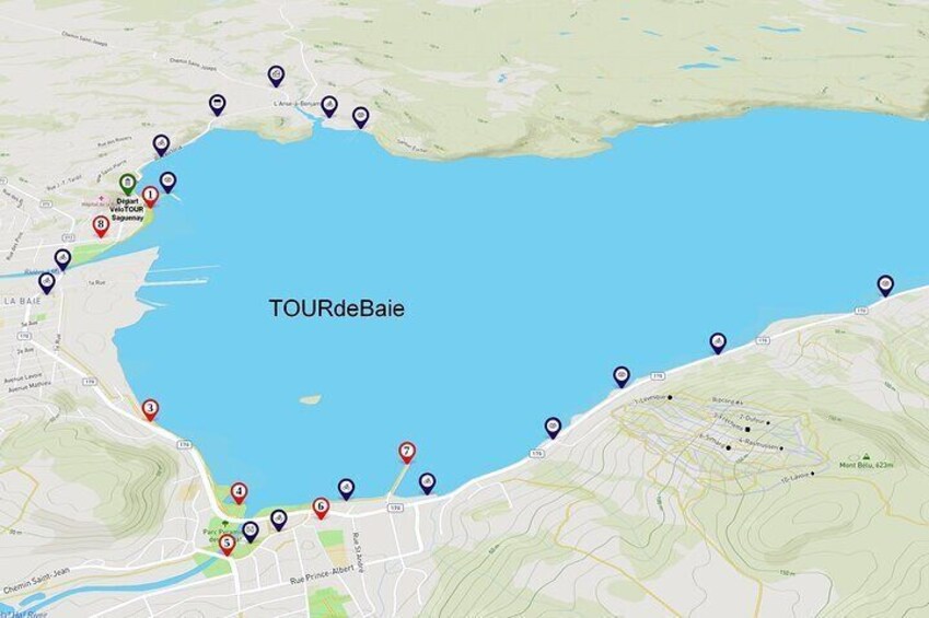 A coastal map with marked points of interest labeled 'TOURdeBaie.' 2