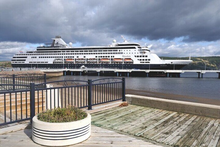 A large cruise ship docked at a port with a wooden pier and a planter in the foreground. 5