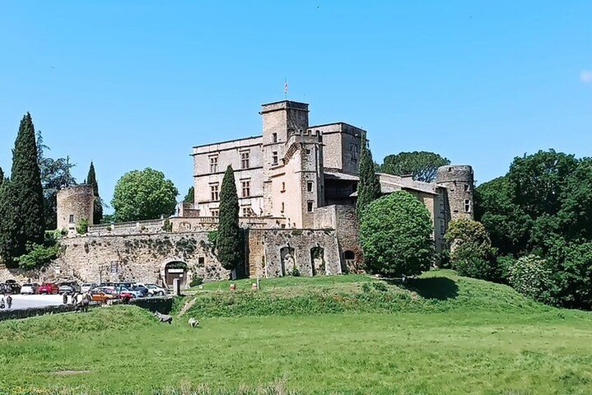 Eine historische Burg mit einem hohen Turm, umgeben von üppiger Vegetation und einem Parkplatz. 2