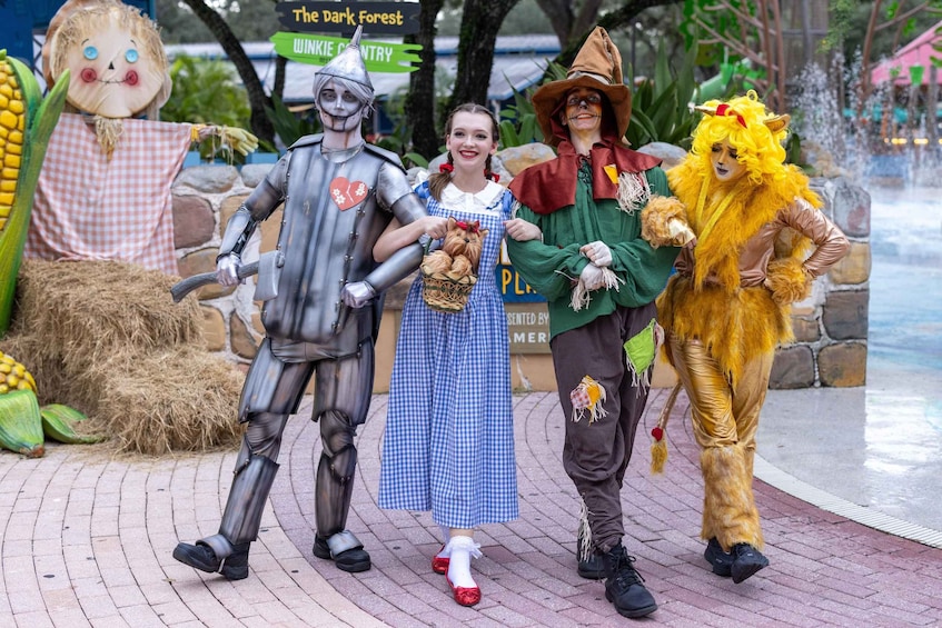 A person in a metal suit holding a basket, another in a blue and white checkered dress, and a third in a green and red costume with a yellow wig. 4
