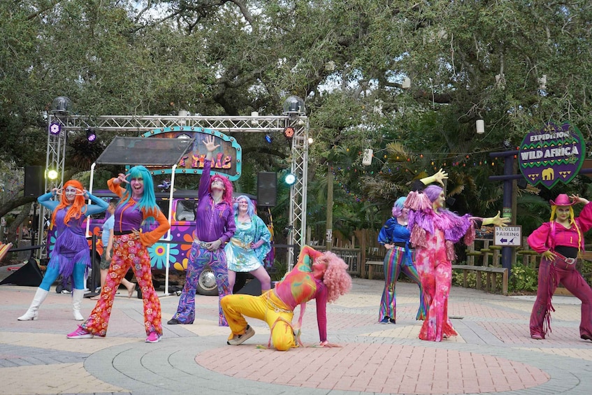 A group of people in colorful costumes performing on a stage with a sign that reads 'EXPEDITION WILD AFRICA'. 5