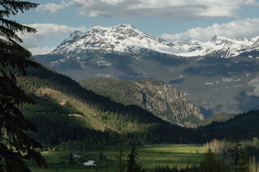 Un paisaje montañoso con picos nevados, valles cubiertos de bosques densos y un cielo despejado. 2