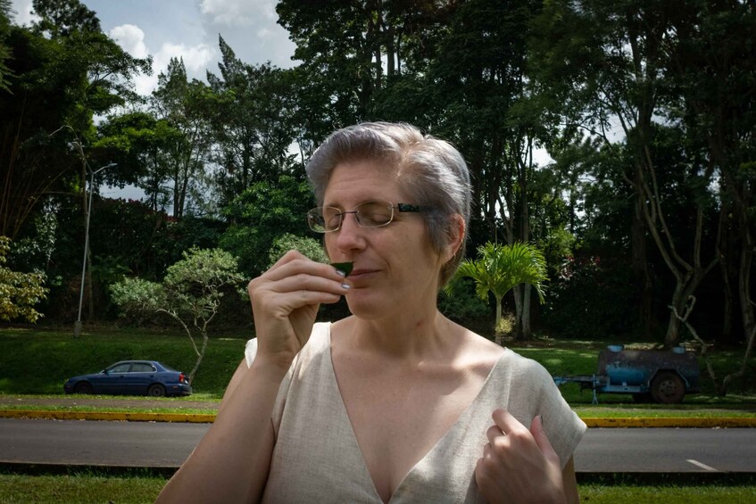 A person holding a green leaf. 2