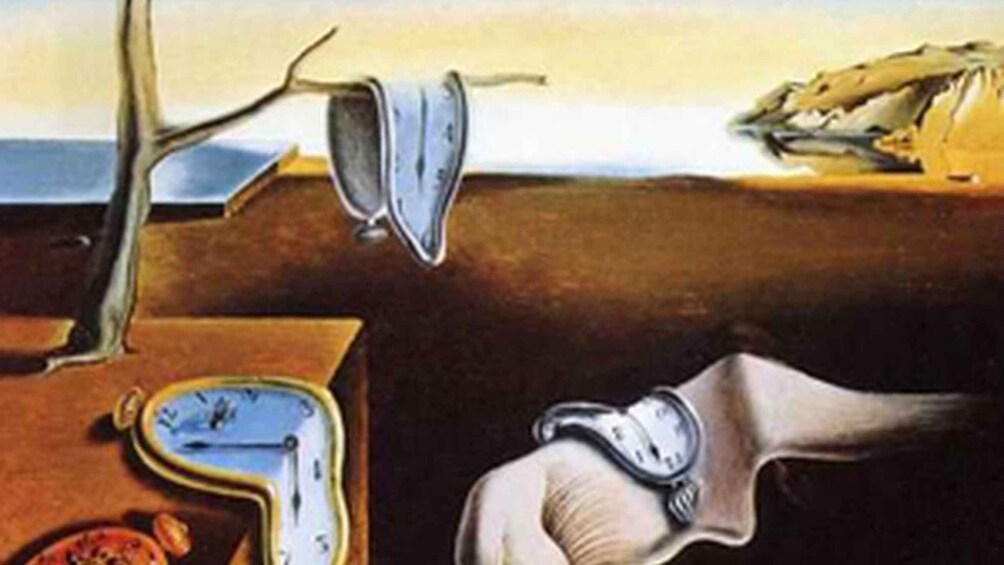 A surrealistic painting with melting clocks, a tree branch, and a bird. 3