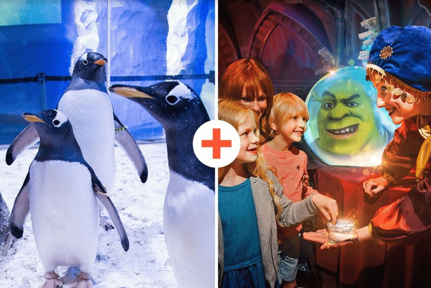 Penguins in a zoo enclosure and a character from a children's show interacting with children. 1