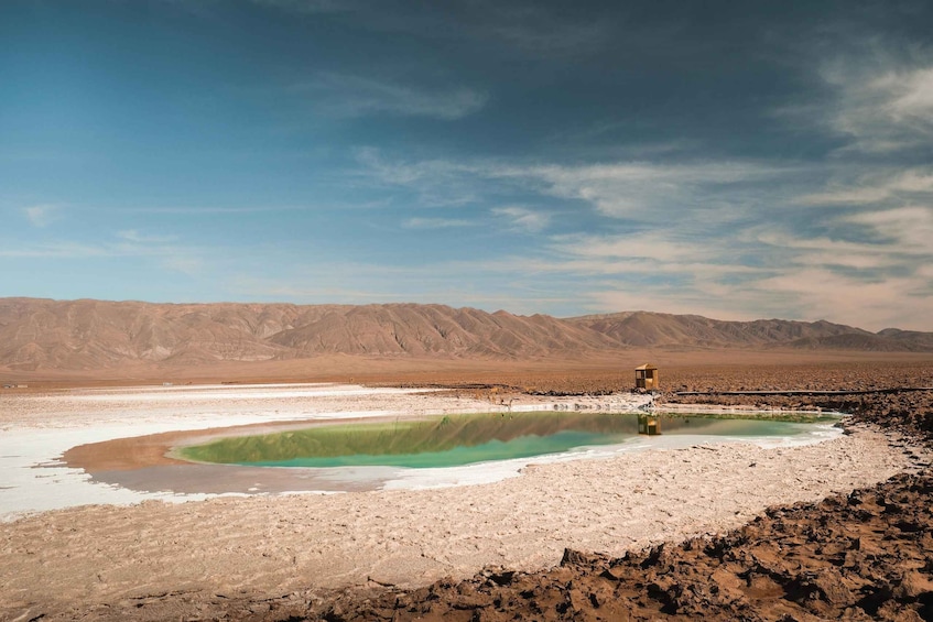 A salt flat with a green pool of water and a small structure in the distance. 1