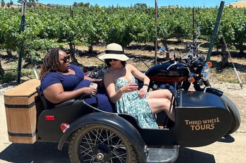 Two people in a third wheel vehicle in a vineyard. 4