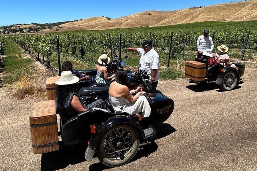 A vineyard tour with a vintage car and a wooden cart. 2