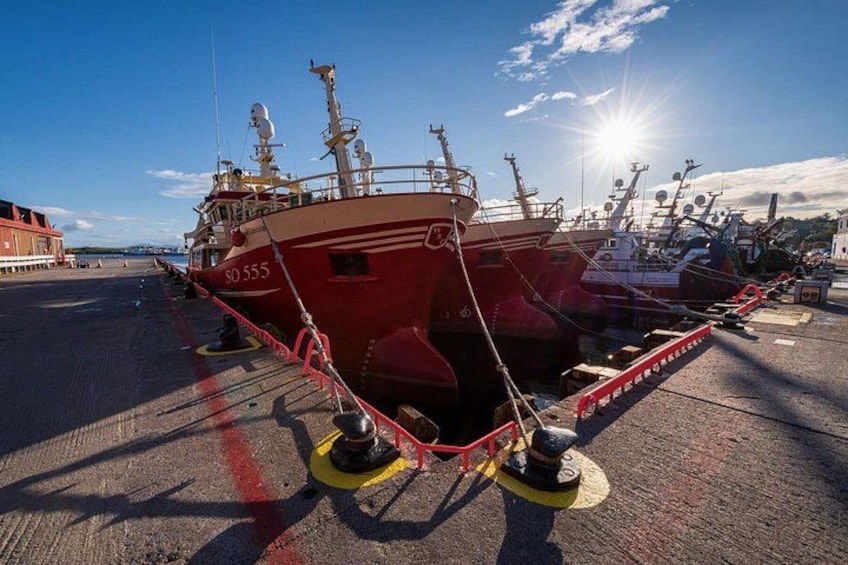 Un barco rojo amarrado en un muelle, con el número 555 visible en su costado. 5