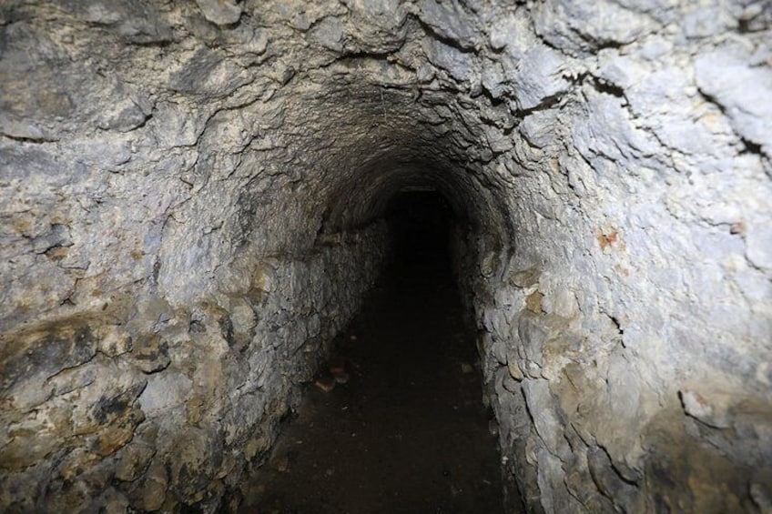 Ein schmaler, felsiger Tunnel mit unebenen Wänden und rauer Oberfläche. 3